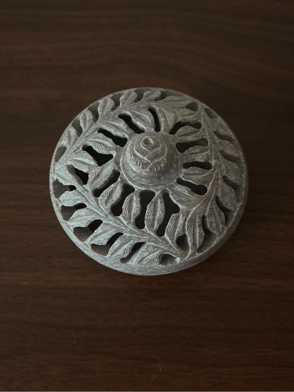 Carved Stone Incense Holder with Leaf and Rosebud Motif